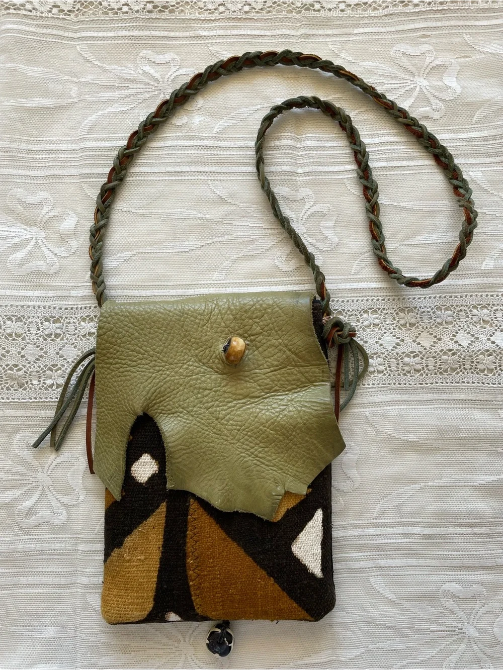 R-Tistic Designs Handcrafted Boho Woven Mudcloth & Leather Pouch Crossbody